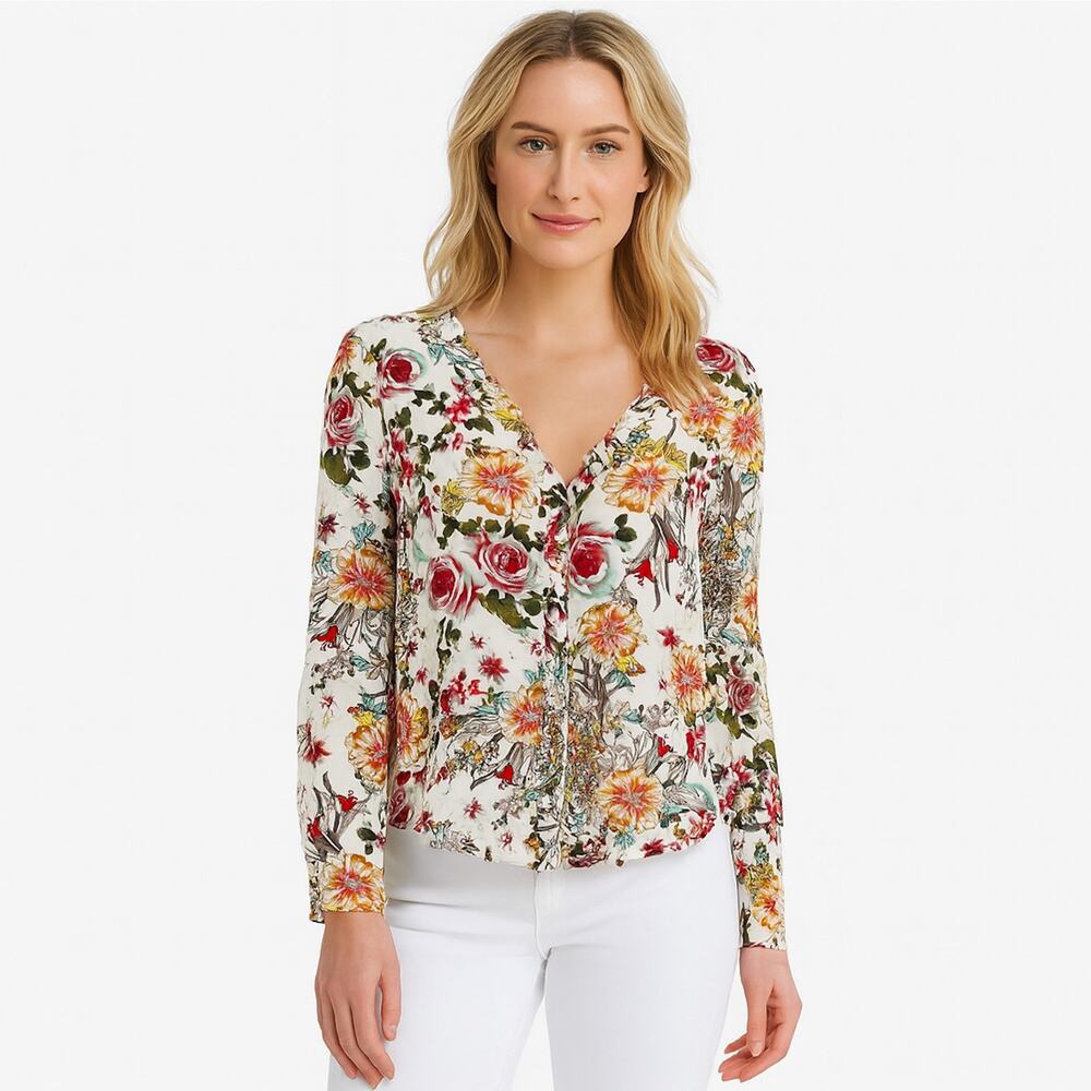 Tobi Top Women SM Floral White Pin Pleated Boho Chic Romantic Garden Feminine
